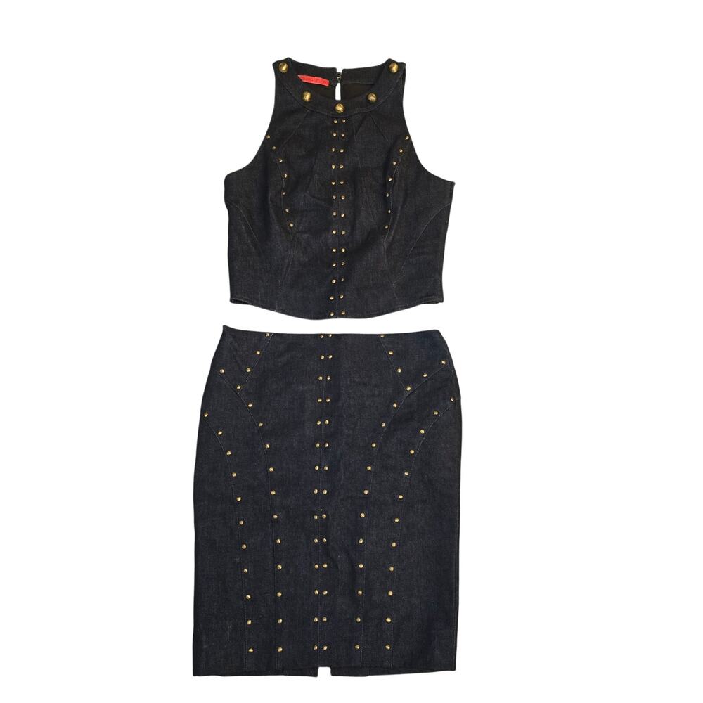$1k Tamara Mellon Studded Denim Top & Skirt Set Set Size 4